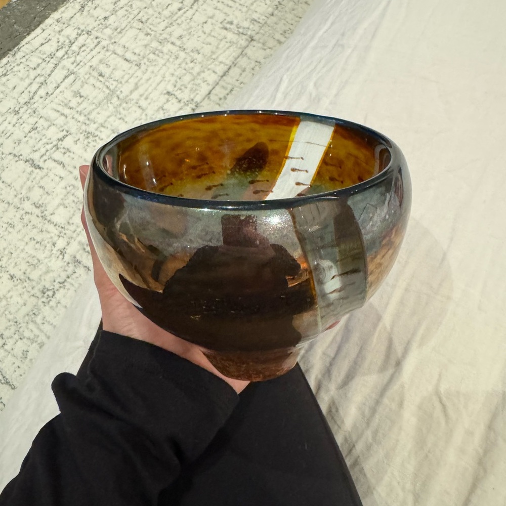Handblown Double Wall  Glass Bowl Green Brown Copper Swirl Specked Inside